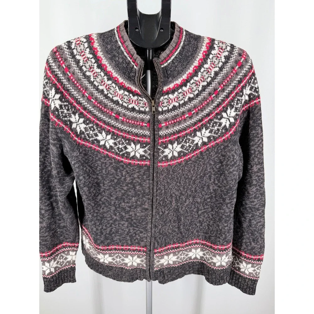 Heirloom Collectibles Womens Fair Isle Zip Cardigan Sweater Gray Red Snowflake L